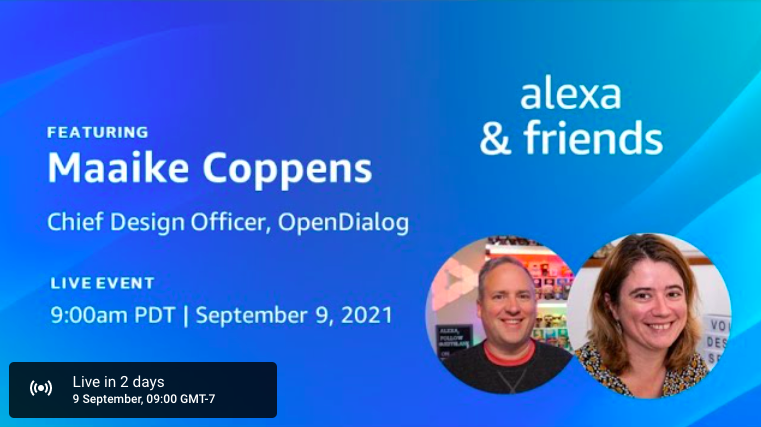 maaikecxd's tweet photo. 📆 So excited for this friendly talk with @jeffblankenburg @alexadevs  🙌 - I hope you tune in to find out all about how I got into #VoiceFirst, my beginnings with #alexaskill building, #ConversationDesign at @OpenDialogAI, and more! -  #VoiceEvents👉 https://t.co/2JJAhuXRkA https://t.co/6CihrtjJEW