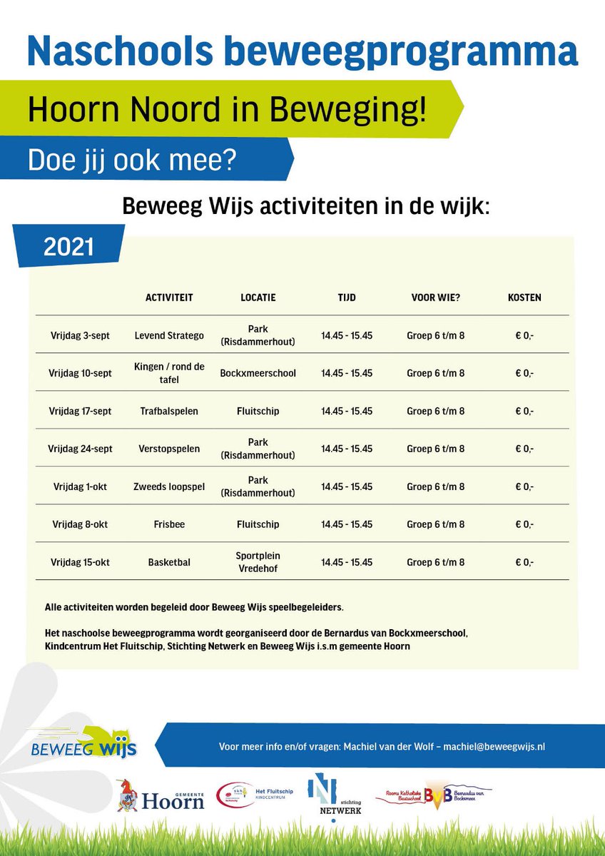 Het naschoolse beweegprogramma is wederom georganiseerd door de <a href="/Bockxmeerschool/">Bockxmeerschool</a>, Fluitschip, <a href="/NetwerkHoorn/">Stichting Netwerk</a> en @BeweegWijs i.s.m. <a href="/Gemeente_Hoorn/">Gemeente Hoorn</a>.
Het doel is om de kinderen van de twee scholen met elkaar in beweging te laten komen op verschillende speelplekken in de wijk🏀🏈⚾🎾
