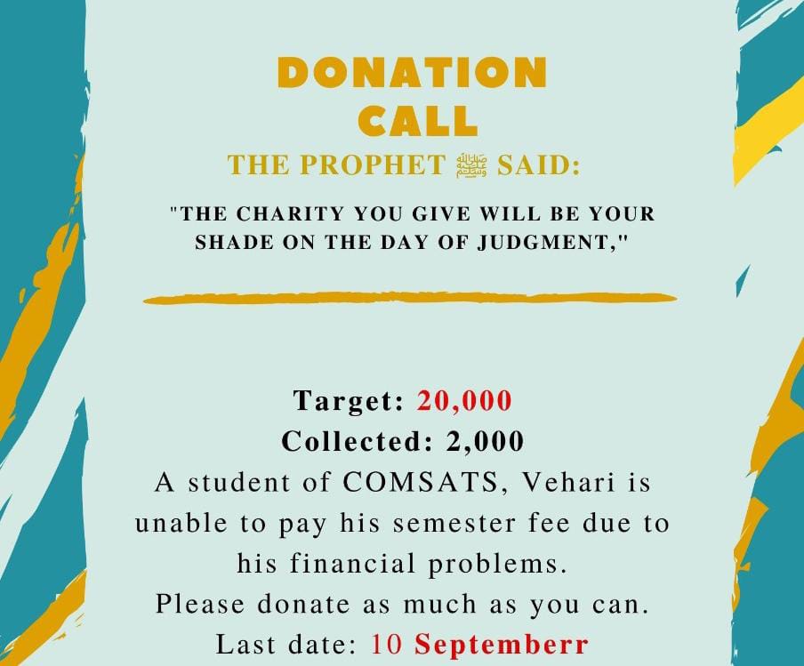 Mee__ruU's tweet photo. A student of COMSATS Vehari is unable to pay his semester fee due to his financial problems.
PLEASE DONATE as much as you can.
TARGET 20K
COLLECTED 2K
β¦οΈ Last Date 10 Sep
03120613713 Easypaisa/Jaz Cash
#DonationCall https://t.co/vf06z3bfmi