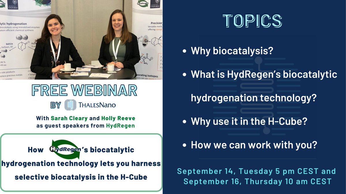 Do not miss out our first webinar theme in the sessions of September: ”How HydRegen’s biocatalytic hydrogenation technology lets you harness selective biocatalysis in the H-Cube”

Register here: bit.ly/3Biuy6g

#webinar #flowchemistry #ThalesNano #AnywhereChem