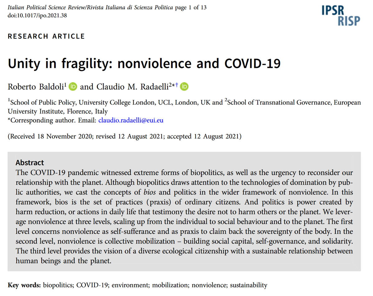 Ita_PolSc_Rev's tweet photo. Has #nonviolence as practice emerged during the COVID-19 pandemic? @roberto_baldoli and @ProfCRadaelli explore this topic at the individual, collective and global level.

▶️ Unity in fragility: nonviolence and COVID-19 https://t.co/e8yD8z4zrB 

#OpenAccess https://t.co/T1SiuYuM6E