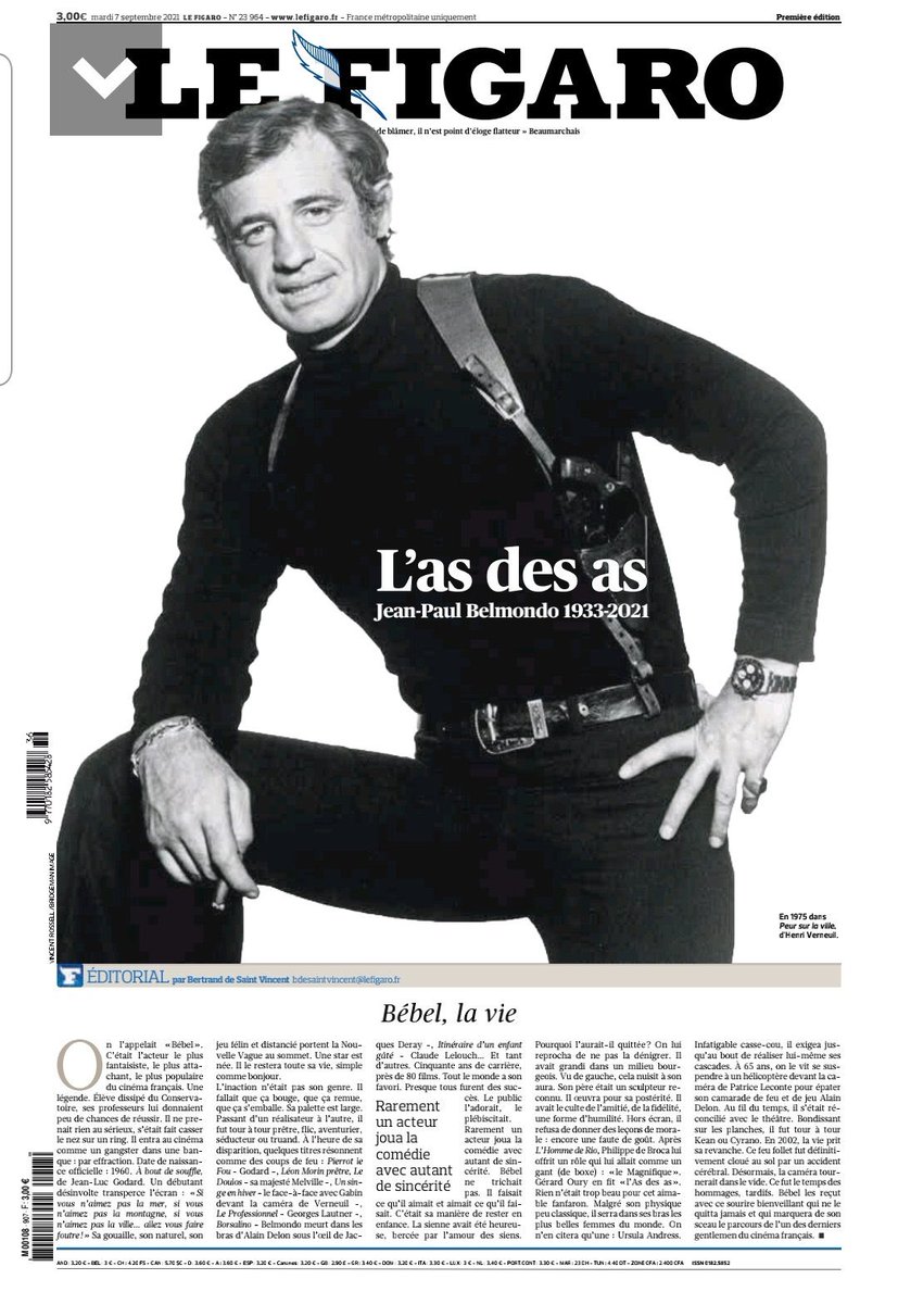 La Une ⁦<a href="/Le_Figaro/">Le Figaro</a>⁩. 10 pages d’hommage à notre Jean-Paul #Belmondo national.