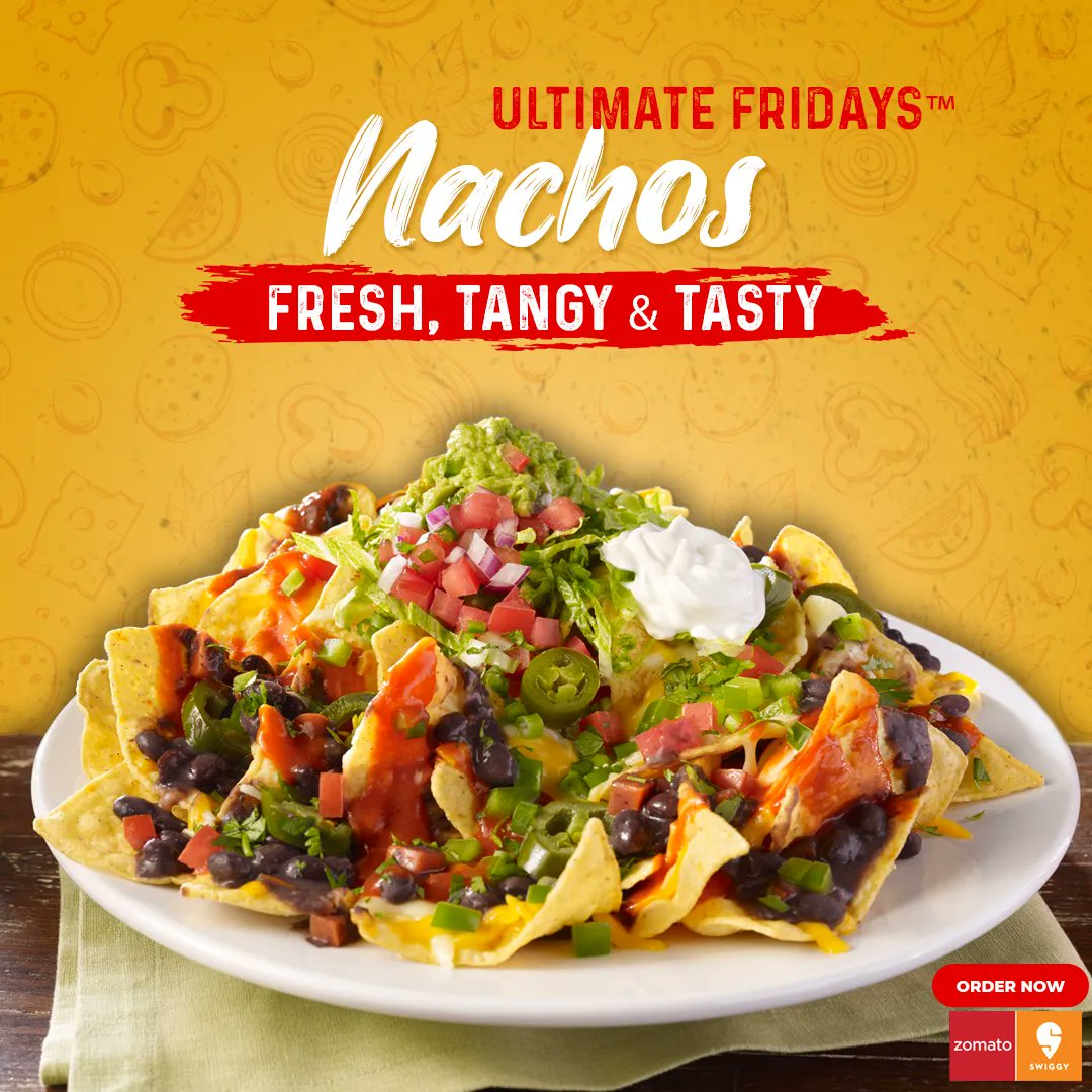 TGIFIndia1's tweet photo. What's a good way to start a meal?
Some Ultimate Fridays™ Nachos, for sure🤩
Dig into this heap of crispy tortilla chips topped with Cheddar &amp; Monterey Jack cheeses, tomatoes, tangy sauces &amp; more. Served with pico de gallo, guacamole* &amp; sour cream.

#TGIF #TGIFridays #nachos https://t.co/a9zboPt8jw