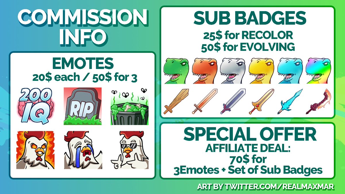 RealMaxMar's tweet image. Reopening my emote / sub badge commissions ✅!
If you are looking for an artist or having questions feel free to DM me! 👍
I would love to work with you.

#twitchemotes #TwitchEmoteArtist #twitchaffiliate