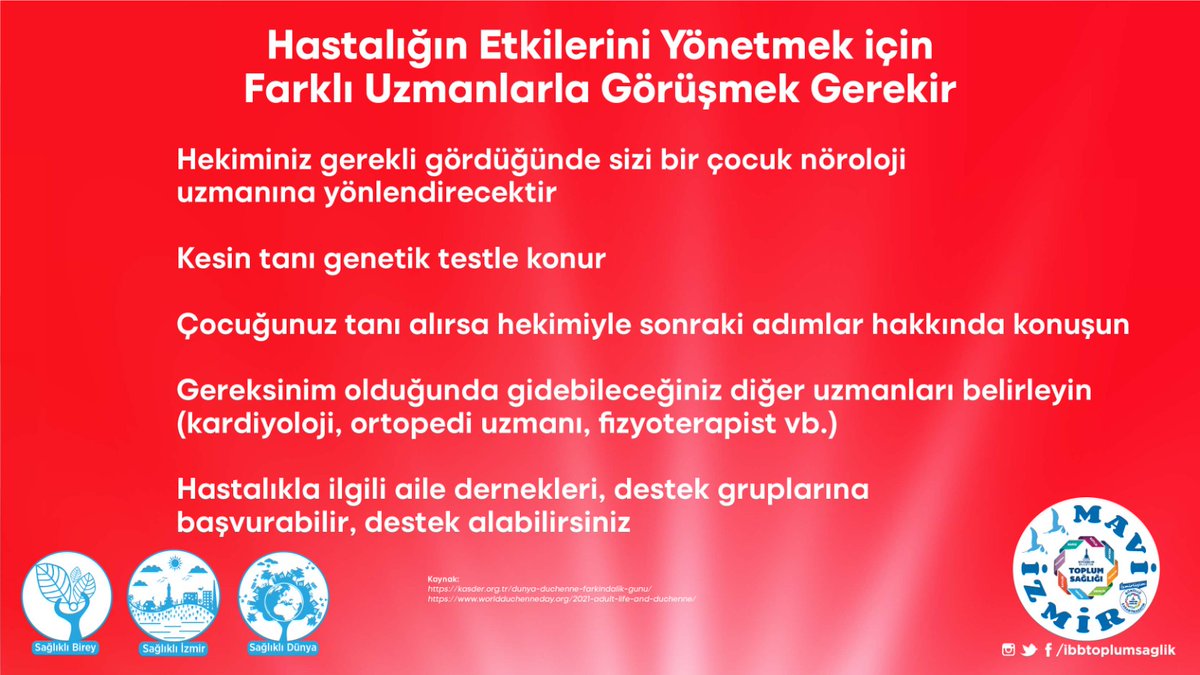 Dünyada en sık rastlanılan kas hastalığı olan #DuchenneMuskülerDistrofi #DMD'ye insanların dikkatini çekmek için belirlenen 2021 temasına 'yetişkin yaşamı ve Dushenne' #AdultLifeAndDuchenne' destek olmak için sen de #KırmızıIşıkYak

#WDAD2021
#AşıOlMaviİzmirİçinUmutOl
@izmirbld