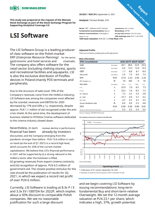 DM BOS research: The target price was set to 23.1PLN for LSI Software 🇵🇱 $LSI. 40% upside

They are expecting a 6MPLN profit for Q2-21 due to aids. This is +10% of their market cap!

The report is extensive with a lot of information about the company

Link infostrefa.com/infostrefa/en/…