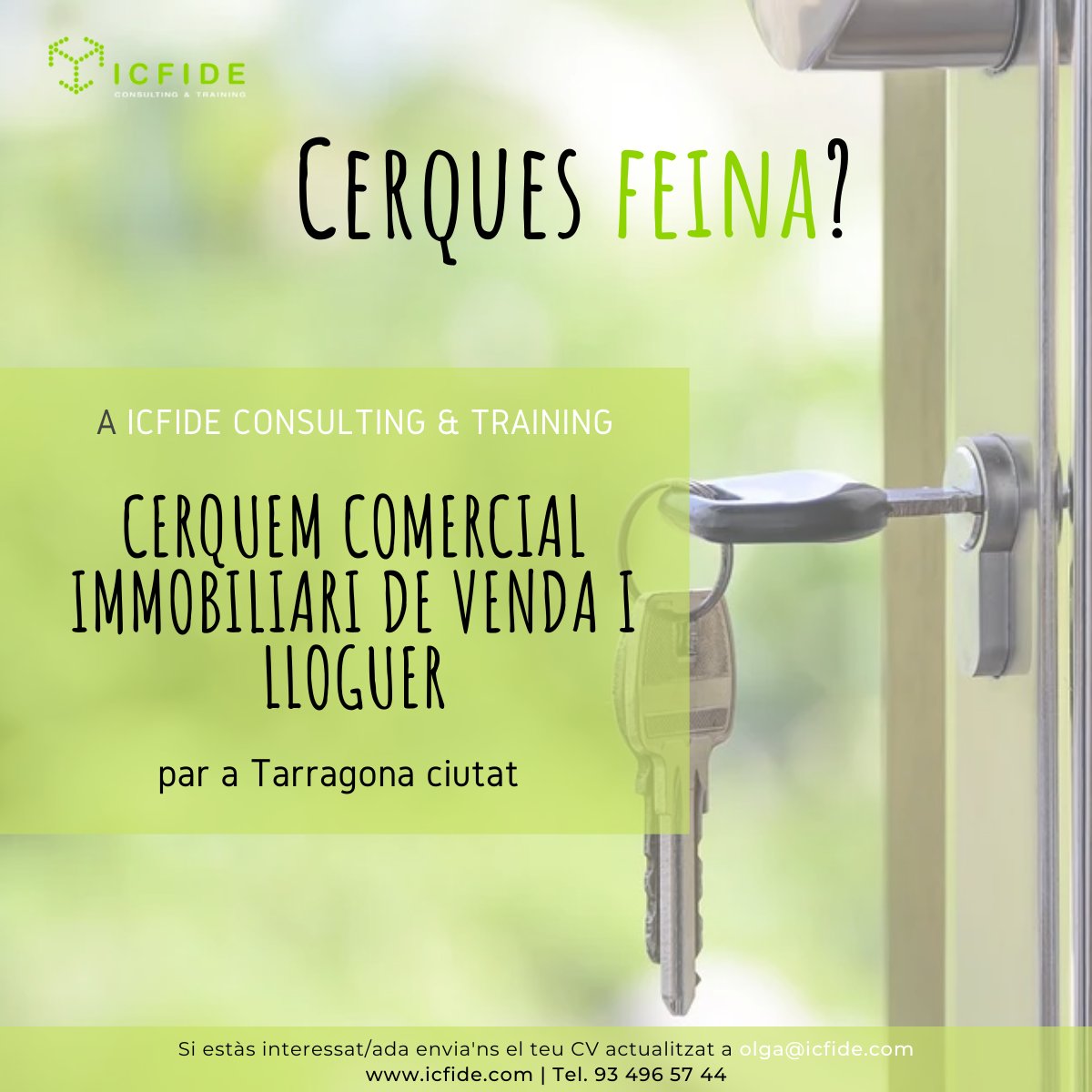 icfide's tweet image. Ets #comercial #immobiliari? Oferim #feina a #Tarragona!

Requisits:
🟢 Parlar català, castellà i anglés.
🟢 Comunicar i negociar eficientment.
🟢 Ser dinàmic/a i amb iniciativa.
🟢 Bona presència i educació davant el/la client.

Envia'ns el teu CV a olga@icfide.com

T'esperem!