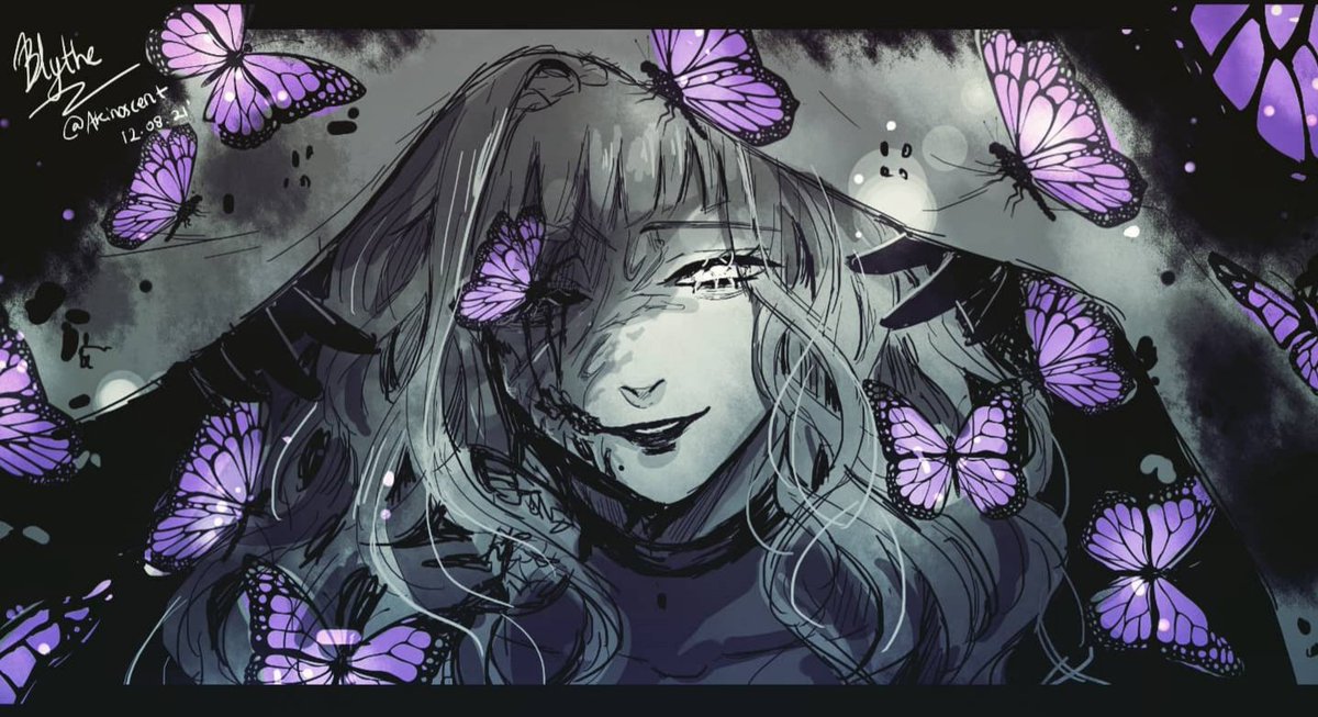 akinoscent's tweet photo. Some concept I have about Blythe.
She actually have horrible appearance (scary looking), and use magic to looks pretty.
And her butterflies came from her eyes.. 👁👁🦋🦋
#witch #coolcharacters #witchoc #digitalpainting #illustration #oc #originalcharacter #akinoscentoc https://t.co/7OAtQS3YpF