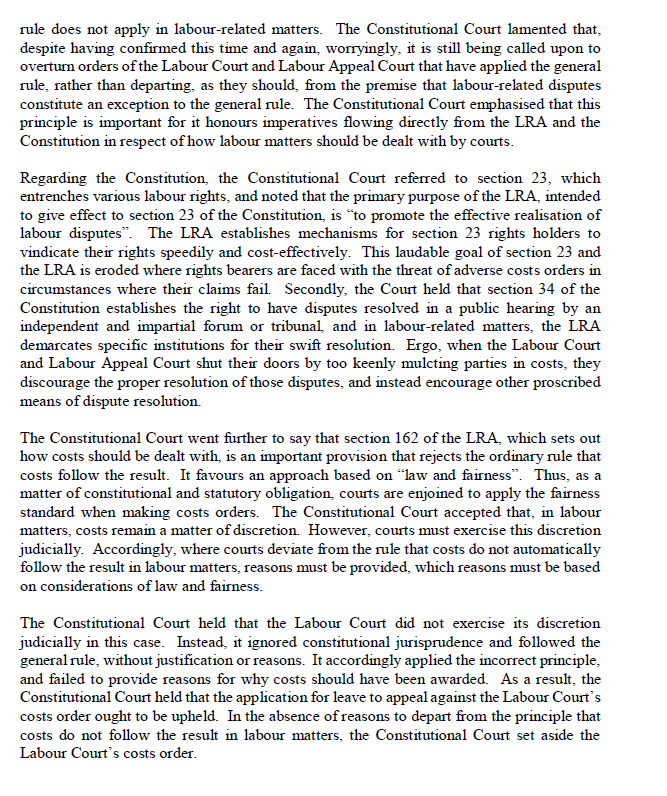 ConCourtSA's tweet photo. (1/1) Judgment: Costs do not follow the result in labour matters. Courts are enjoined to consider the requirements of law and fairness and must provide reasons for mulcting litigants in costs. (UPSCO v South African Custodial Management (Pty) Ltd and Others) https://t.co/fUhMWReQRg