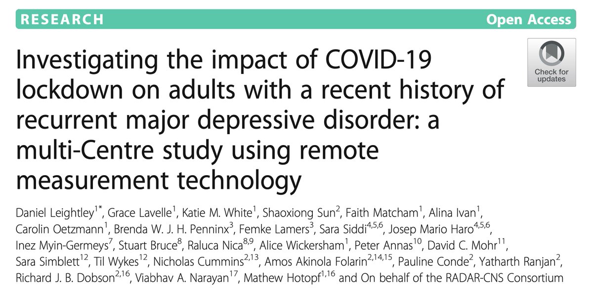 Just Published: Investigating the impact of #COVID19 lockdown on adults with a recent history of recurrent #MDD from the UK, The Netherlands and Spain using <a href="/RADARCNS/">RADAR-CNS</a> &gt; Read the full article here 👉doi.org/10.1186/s12888…