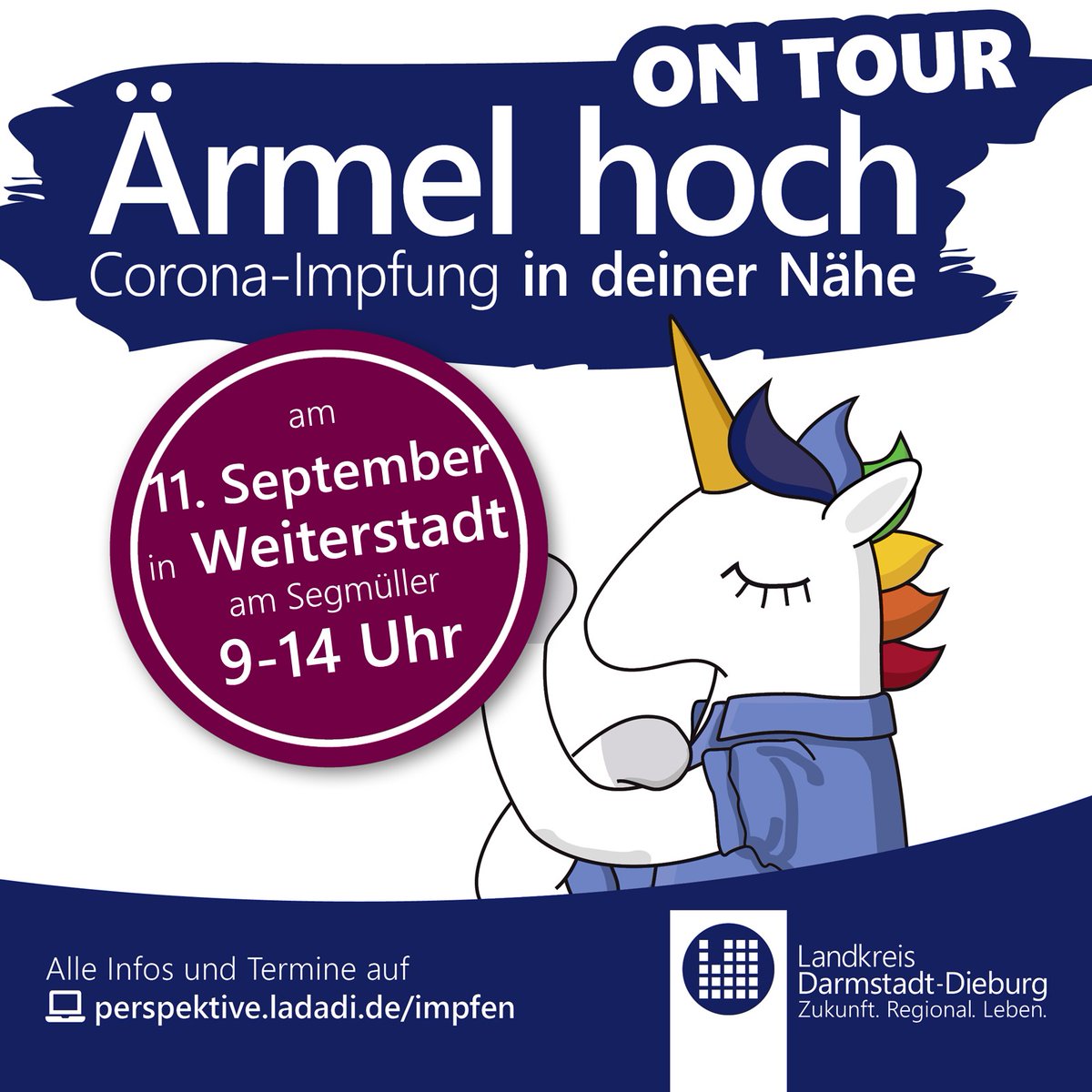 Am 11. September 2021 zwischen 9 und 14 Uhr bietet der Landkreis Darmstadt-Dieburg die Möglichkeit, sich am Segmüller impfen zu lassen. Mehr Infos: perspektive.ladadi.de/impfen/