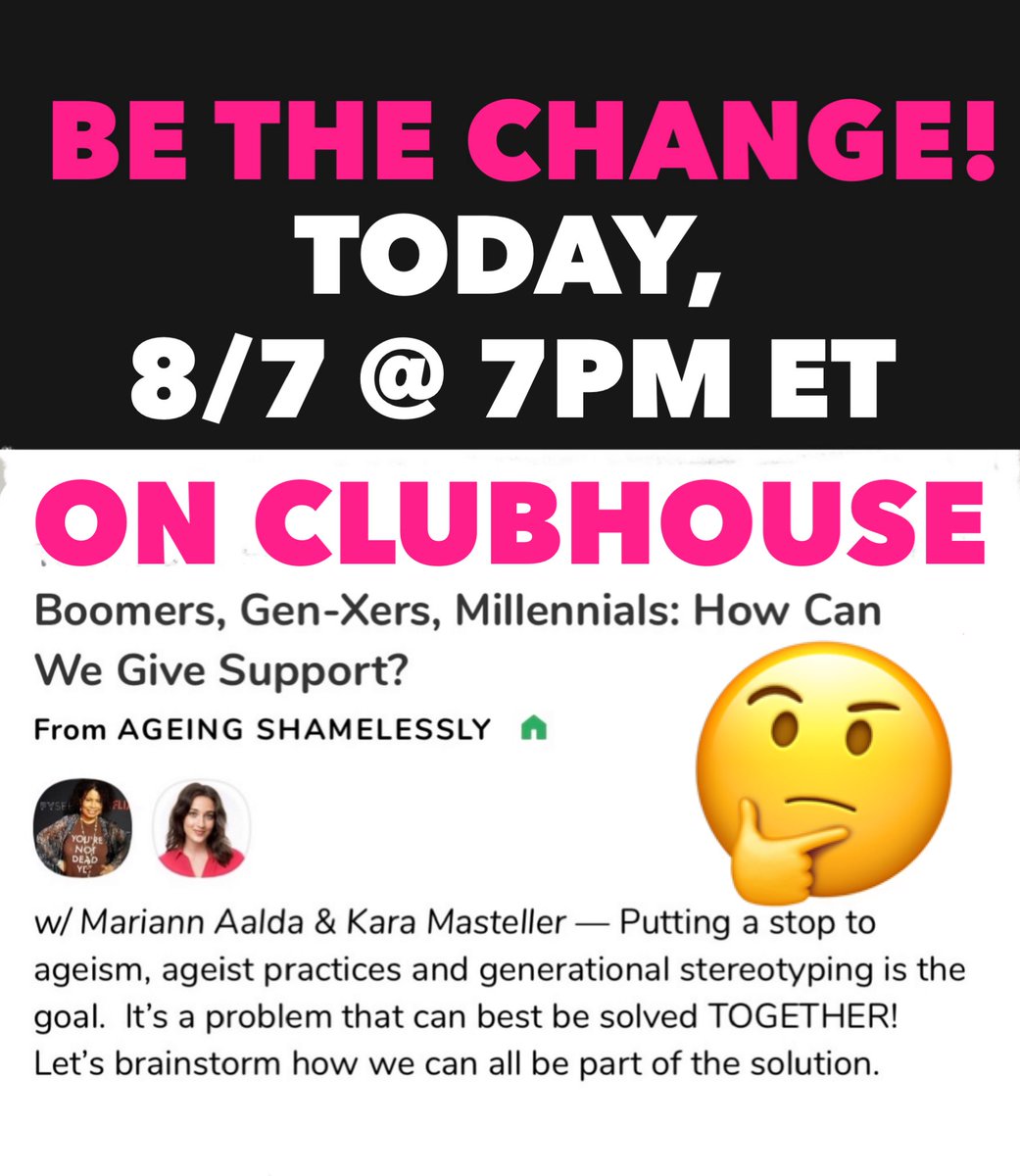 mariannaalda's tweet image. clubhouse.com/event/Pr1eY8El @ChickensSpring @kmasteller17 @trustsum1over30 @cronetraining @gloriousbroads @55fakingnormal @thischairrocks @BevMahone @AARPBlackCom @MizCole2U
