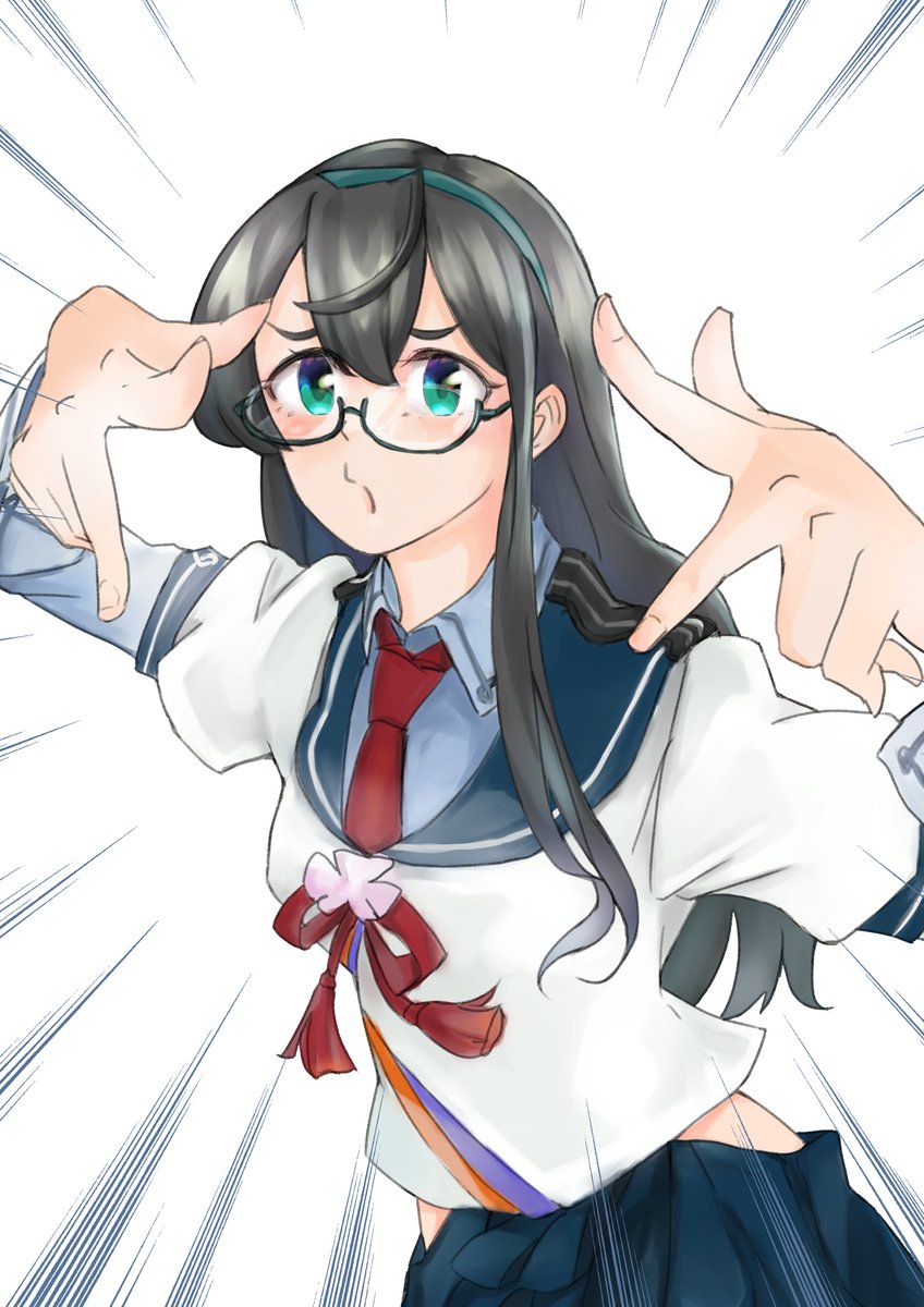 ooyodo (kancolle) 1girl black hair solo glasses long hair hip vent under-rim eyewear  illustration images