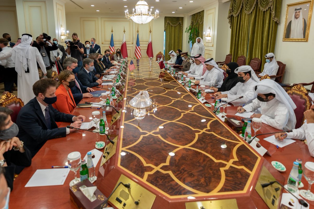 .@SecDef and I met today with our Qatari counterparts, <a href="/kbmalattiya/">Khalid M Al-Attiya</a> and <a href="/MBA_AlThani_/">محمد بن عبدالرحمن</a>, to commend Qatar for its leadership facilitating the safe transit of evacuees from Afghanistan. We discussed our important work on Afghanistan and initiatives to promote regional security.