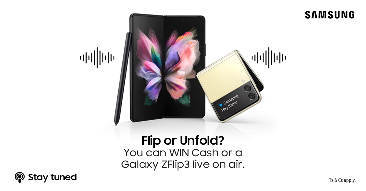 Do you Flip or Unfold? Want to WIN your share of R100k or a #GalaxyZFlip3? You could, with Galaxy #FlipOrUnfoldFridays until 10 Sep.

To enter comment with either #IChooseFold or #IChooseFlip &amp; tag @Kfmza &amp; <a href="/SamsungMobileSA/">Samsung Mobile SA</a>!

Ts&amp;Cs Apply.