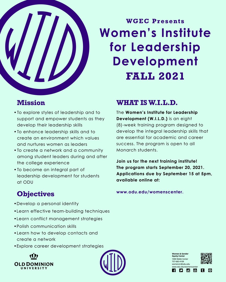 Interested in developing your leadership skills? Join W.I.L.D for our Fall 2021 session! The program is open to all Monarchs students.

The program starts September 20, 2021

Applications due by September 15, 2021 at 5pm, available online at:
odu.edu/womenscenter.
