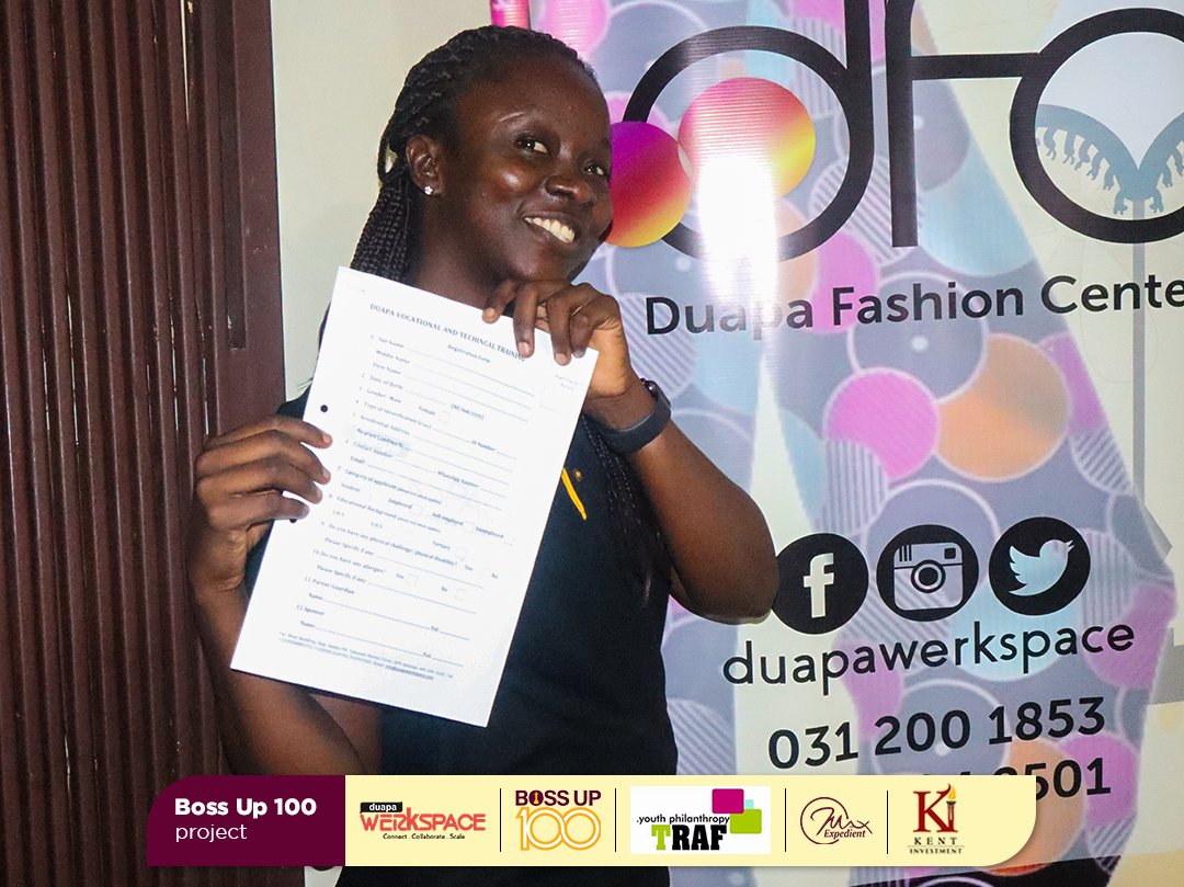 DuapaWerkspace's tweet photo. When Purity-Cilla Ama Koufie heard of the #BossUp100Project, she wasted no time in picking up forms to register. Purity-Cilla believes that she has a lot of creative ideas she wants to put into dressmaking, hence taking up this training program. https://t.co/FPMalhCCXP