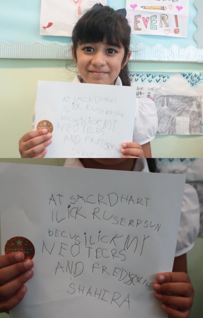 SacredHeartNM's tweet image. Shahira started in Reception this week and has already received a Headteacher’s sticker for her excellent writing! Shahira, we are very proud of you and love having you here at Sacred Heart 📚✏️❤️ #youngwriters #learninginlove #receptionwriting