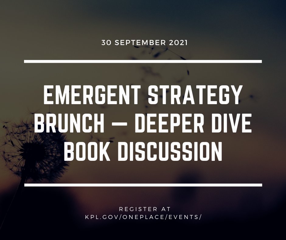 Join us on September 30th for a Deeper Dive Discussion on @adriennemaree's book Emergent Strategy: Shaping Change, Changing Worlds. Register at bit.ly/3kDaoNz. This book discussion will focus on applying Emergent Strategy to our organizations.