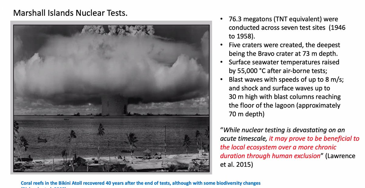 Coral reefs in nuclear test sites in the Marshall Islands are in better shape than reference reefs due to human exclusion (like chernobyl). Human activities are more damaging to life than nuclear bombs! An indictment of humanities stewardship of the🌍 @duarteoceans  #ICESASC21 🌊