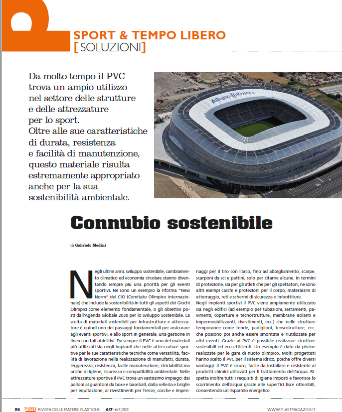 Vinylplus_it's tweet photo. "PVC e sport, connubio sostenibile" - Articolo su #Plastmagazine Giugno-Luglio 21
#Olimpiadi #stadi #Sheruns #Weekofsport #Yogaday #PVCParks @VinylPlus_EU #PVCForumItalia https://t.co/GwG6sphvjK