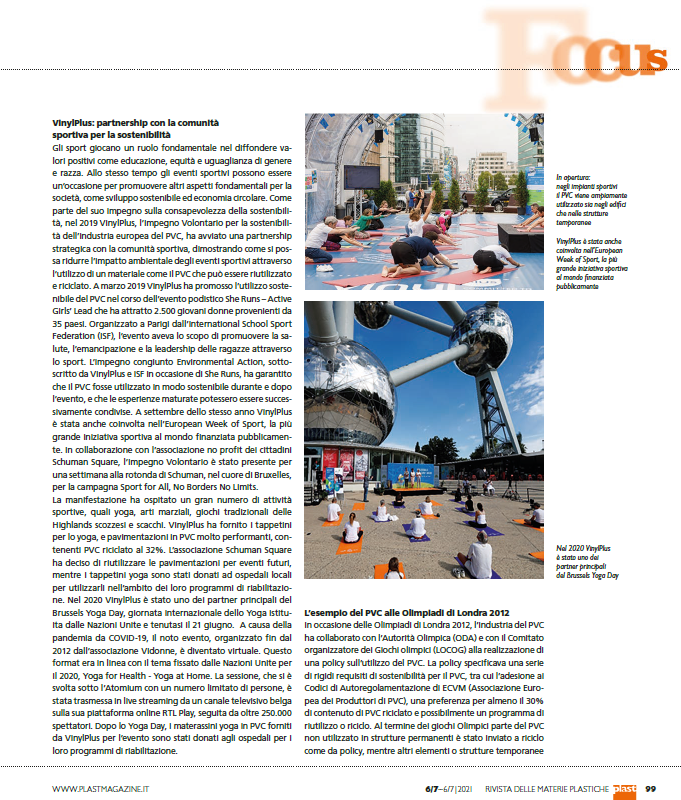 Vinylplus_it's tweet photo. "PVC e sport, connubio sostenibile" - Articolo su #Plastmagazine Giugno-Luglio 21
#Olimpiadi #stadi #Sheruns #Weekofsport #Yogaday #PVCParks @VinylPlus_EU #PVCForumItalia https://t.co/GwG6sphvjK