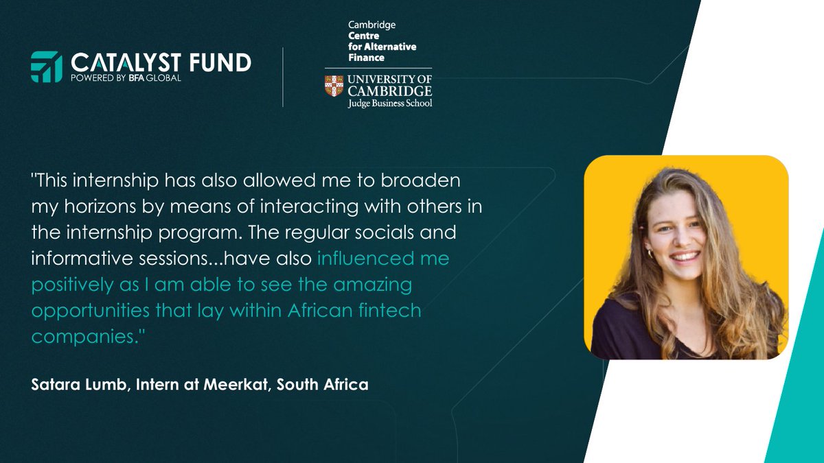 TheCatalystFund's tweet image. Our vision w the #TalentProgram in collab. w @CambridgeAltFin is to expose junior #talent to opportunities in #fintech while also addressing talent gaps at #startups. 🚀

Here's what Satara Lumb, our alumni and now a full-time employee at Meerkat, has to say 👇