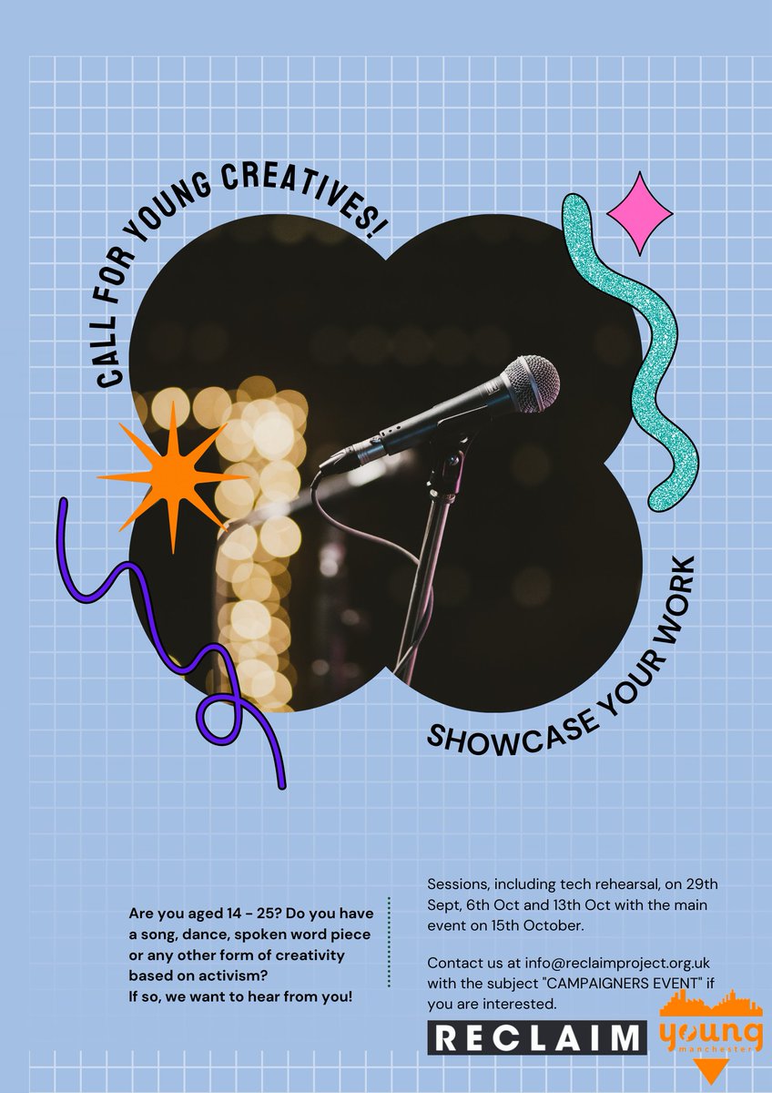 📢CALL FOR YOUNG CREATIVES TO SHOWCASE THEIR WORK! 

We are putting on an event with <a href="/Young_MCR/">Young Manchester</a> on campaigning! Please share to any young creative activists you know. 

📩Email us at info@reclaimproject.org.uk.