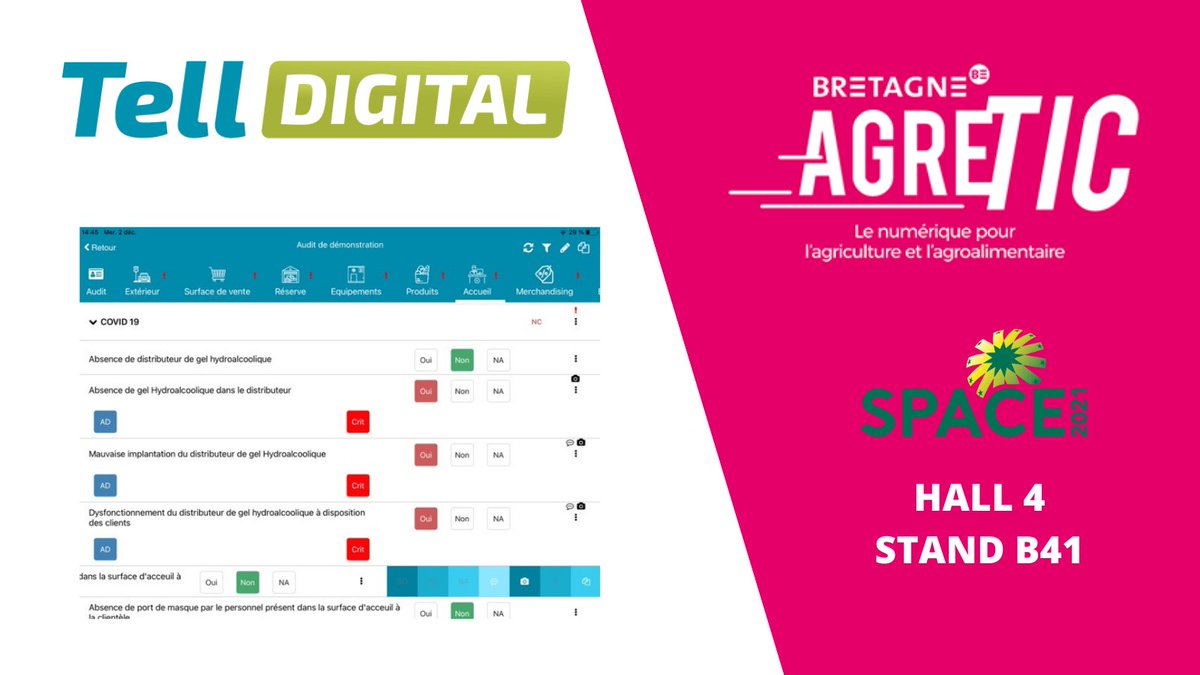AgreticBretagne's tweet image. ➡️ La solution #BusinessProcessManagement développée par @TellDigital permet via des tablettes, de répondre à des exigences et mesures terrains, et élabore en auto. un rapport + un plan d’action numérique et collaboratif 👩‍💻📊

Retrouvez-les sur notre stand AGRETIC au #SPACE2021 !