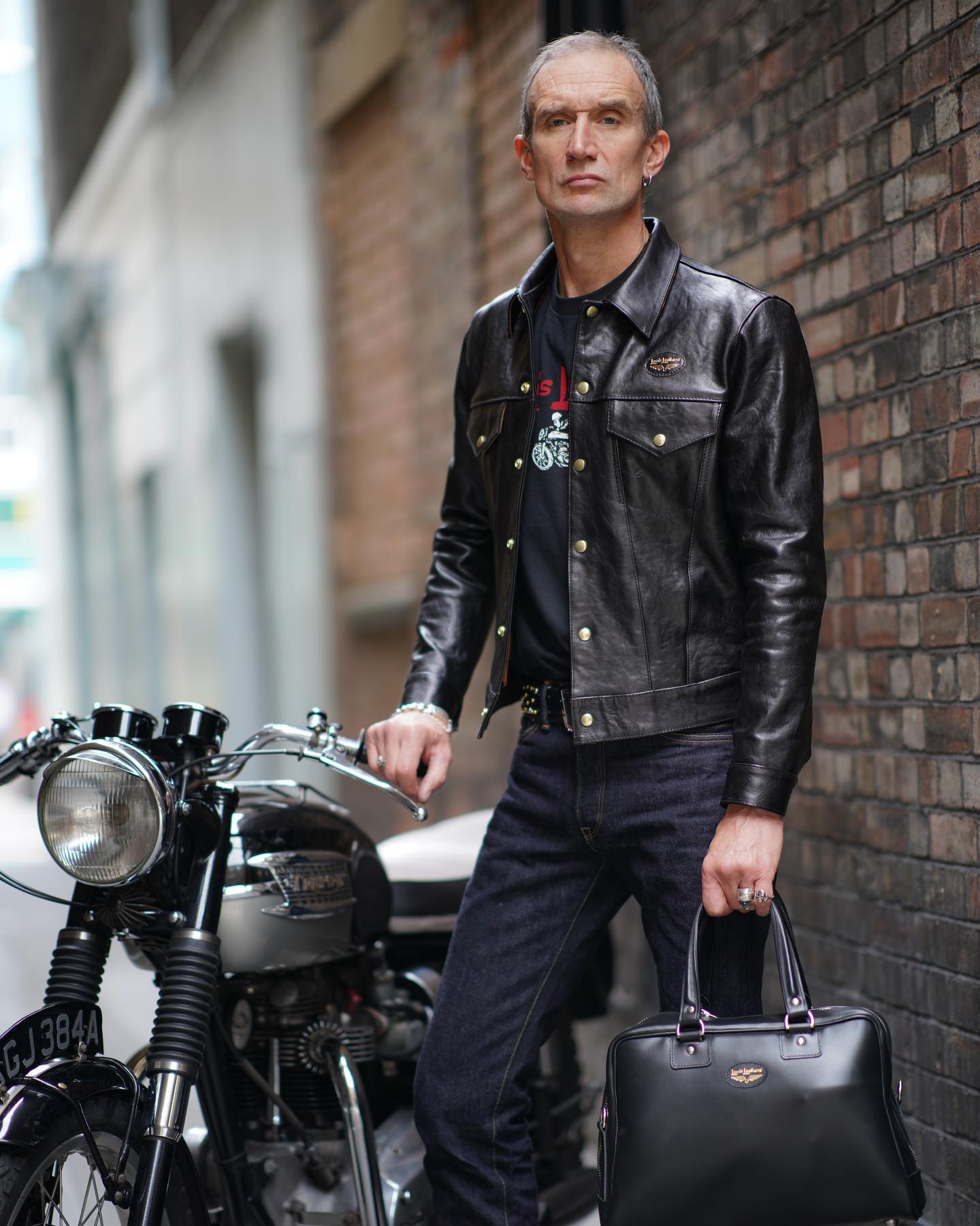 Lewis Leathers on X: Jake @el_capitano_london wearing 988 Western in  Vegetable tanned Cow leather jacket with LLJ 002 Slim-fit Jeans, LL Logo  bike T and Helmet bag.  #lewisleathers  #doublevolante  /