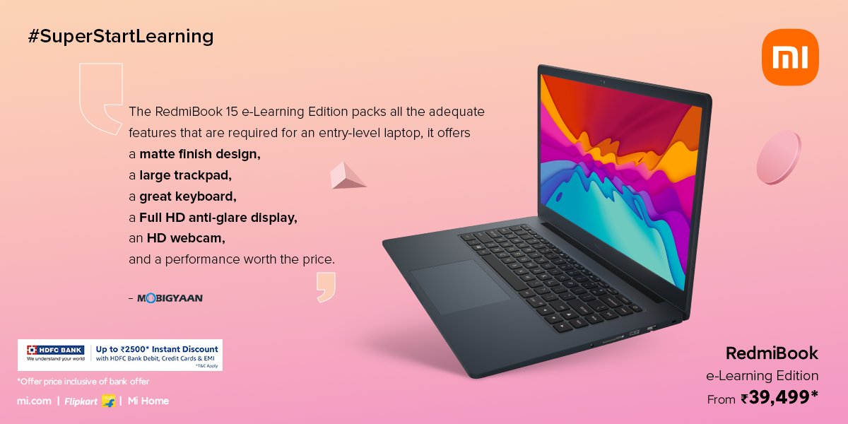 RedmiIndia's tweet photo. #RedmiBook e-Learning Edition has it all.
✔️Matte finish design
✔️Large Trackpad
✔️Great Keyboard
✔️Full HD Anti-glare display
✔️HD Webcam

Review courtesy: @MobiGyaan 

#SuperStartLearning @ ₹39,499 (incl. @HDFC_Bank offer)
Get it on https://t.co/cwYEXdVQIo, @Flipkart &amp; Mi Home https://t.co/Ax4ecOBHHO