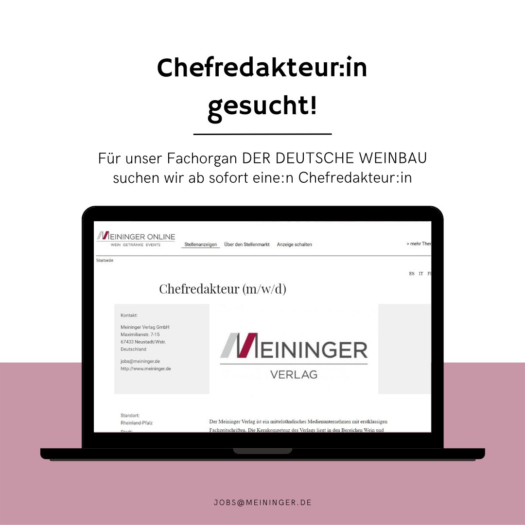 Für unser 14-täglich erscheinendes DWV-Fachorgan DER DEUTSCHE WEINBAU (Print/Online) sucht der Meininger Verlag @meiningeronline ab sofort eine:n Chefredakteur:in.
Interesse? 👉 meininger.de/service/stelle…