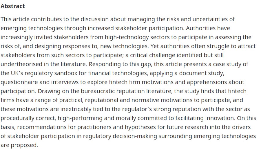 How do regulators get innovators to the table to talk about emerging tech? My study on #fintech participation in the UK's regulatory sandbox is now published in #EJRR. TL;DR: firms want to work with  competent, respected regulators committed to innovation bit.ly/3tjQDym