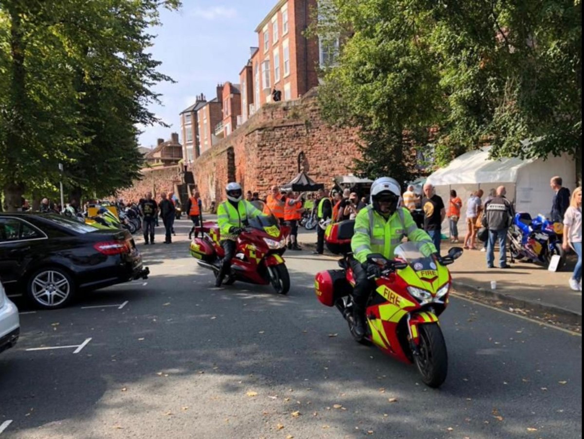 Our two Fire Bikes at The Groves event in Chester, promoting our 2021 Biker Down courses. 

To book onto our free three hour training course covering the basics of advanced rider training, trauma care and the science of being seen, check out our website. 

orlo.uk/bRMHK