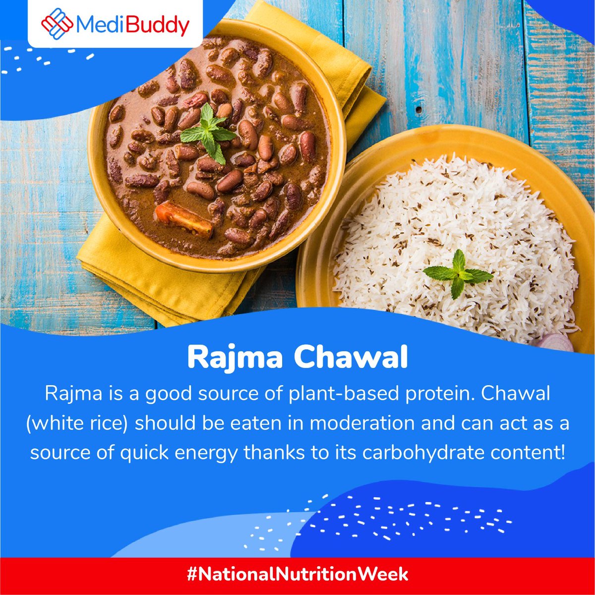 MediBuddyapp's tweet photo. This National Nutrition Week, dive into your favorite Indian food knowing their health benefits. 

#indianfood #nutrition #nutritionweek #nutritionweek2021 #rajmachawal #dhokla #pavbhaji #food #foodlovers #foodie #foodblogger #foodsgram #MediBuddy https://t.co/W7y7uzaSrk