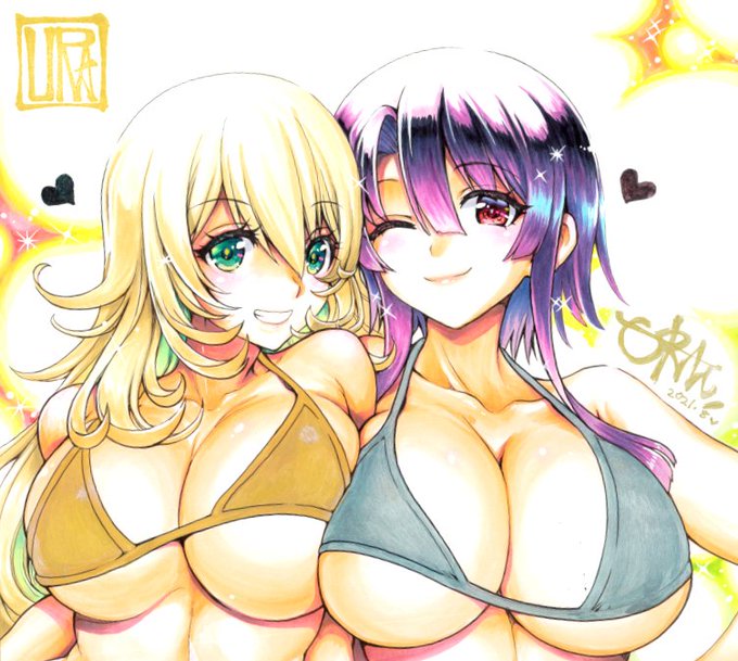 今日の色紙350日目
ビキニ愛宕と高雄。
実際はビキニ部分は金と銀の絵具を使って
瞳やハートやまつげには偏光ラメの絵具をのせています。
こっちの写真だとわかりやすいです→https://t.co/Y5GFYayKnB

#描いた色紙なるべく毎日アップする
#コピック #アナログ絵 #オリジナル #艦これ #愛宕 #高雄 