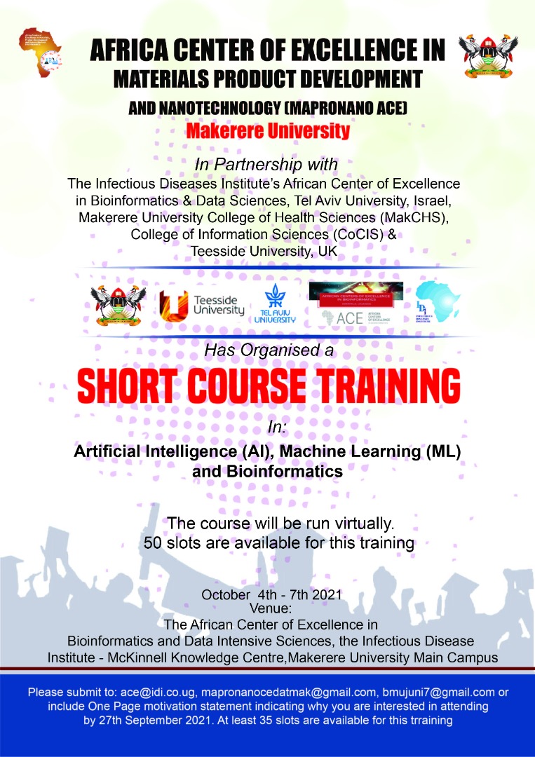 ACE Bioinformatics & Data Sciences (@aceuganda) on Twitter photo African Center of Excellence in Materials Product Development & Nanotechnology (MAPRONANO ACE)
<a href="/MakCEDAT/">Makerere University CEDAT</a> in partnership with <a href="/AceUganda/">ACE Bioinformatics & Data Sciences</a> <a href="/IDIMakerere/">Infectious Diseases Institute, Makerere University</a> invites applications for Artificial Intelligence, Machine Learning & Bioinformatics Short course. African Center of Excellence in Materials Product Development & Nanotechnology (MAPRONANO ACE)
<a href="/MakCEDAT/">Makerere University CEDAT</a> in partnership with <a href="/AceUganda/">ACE Bioinformatics & Data Sciences</a> <a href="/IDIMakerere/">Infectious Diseases Institute, Makerere University</a> invites applications for Artificial Intelligence, Machine Learning & Bioinformatics Short course.