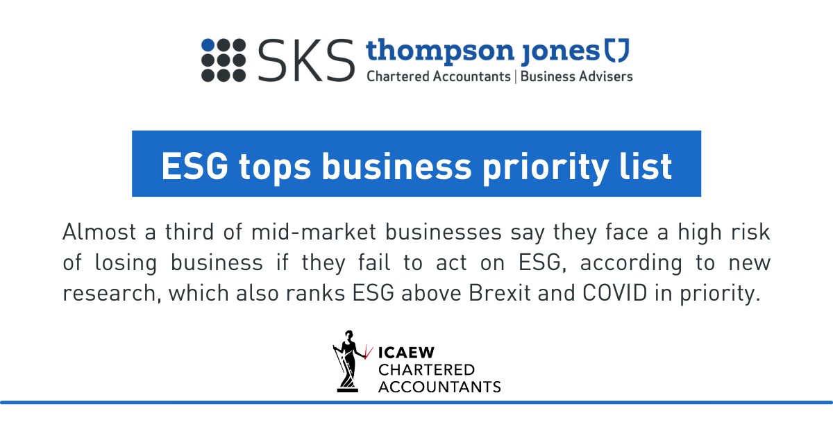 Figures from the recent #BDO survey suggests that ESG considerations are moving up the agenda for mid-market #businesses.
bit.ly/3BMSqyZ
#SKSThompsonJones #icaew #newsupdates #ukbusiness #financesolutions #businesssolutions #unitedkingdom #manchester #ukaccountants