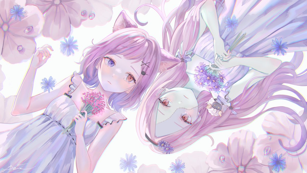 multiple girls 2girls heterochromia flower dress animal ears white dress  illustration images