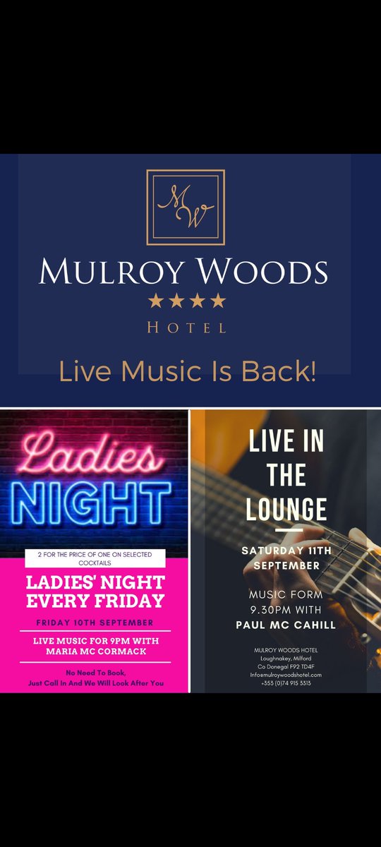 Live Music is Back!! Ladies Night this Friday September 10th with Music by Maria Mc Cormack Singer/Songwriter from 9pm Selected Cocktails 2 for price of 1🍹Live in The Lounge Saturday 9.30pm Paul Mc Cahill AND Take Your Pick Jackpot €1000 
#livemusic #somethingfortheweekend