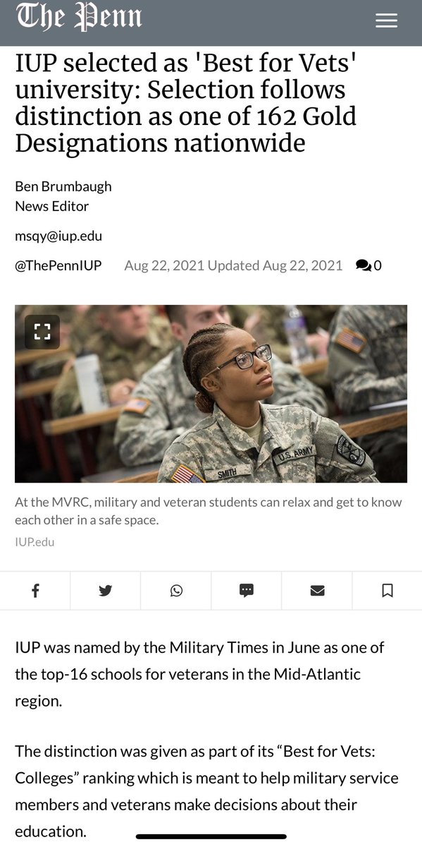 WarriorBN_ROTC's tweet photo. IUP has been recognized as one of the friendliest universities for vets.
https://t.co/Fmtp5qMhsY
#WarriorsFirst #armyrotc #iuprotc #military #iup https://t.co/Gb0TD6ADR8