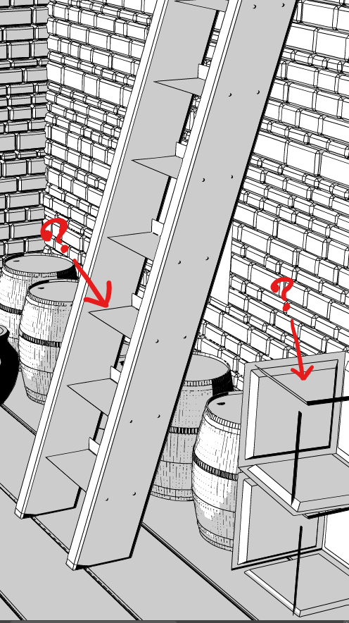 どなたかこの3Dバグの直し方わかりませんか～! ブレンダーで画像1を作成し、fbxで書き出してクリスタに持ってくると画像2のようになり、レンダリングすると立方体の2つの面が消えてしまいます。階段はメッシュから出した立方体を組み合わせて自作しました…ググっても原因がわからない～😭 