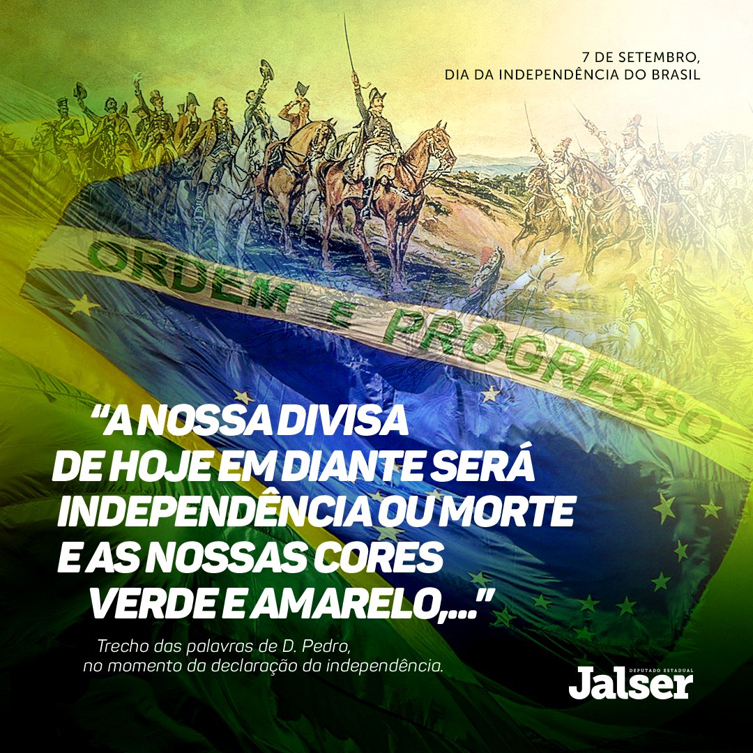 JalserRenier's tweet photo. O dia 7 de setembro é mais do que uma simples data para nós, simboliza o início da liberdade de uma pátria. E lembrar da nossa história, das lutas diárias e das nossas conquistas, levam o patriotismo no peito e reforçam a ordem e o progresso que levamos na nossa bandeira. https://t.co/7APml6ewDI