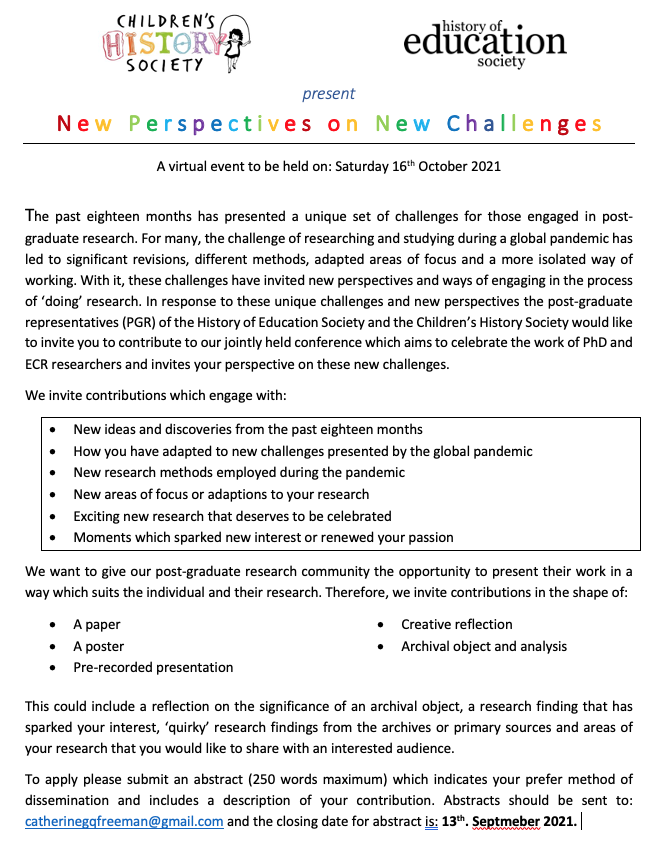 EducationChild4's tweet photo. Extension deadline for our conference cfp to Monday, 13th Sept.
16th. October, we'll be hosting a #histed &amp; #histchil PGR/ECR virtual conference with a combination of colleague's work, talking together and a key note paper. We look forward to hearing about lots of people's work. https://t.co/erXOeZghzO