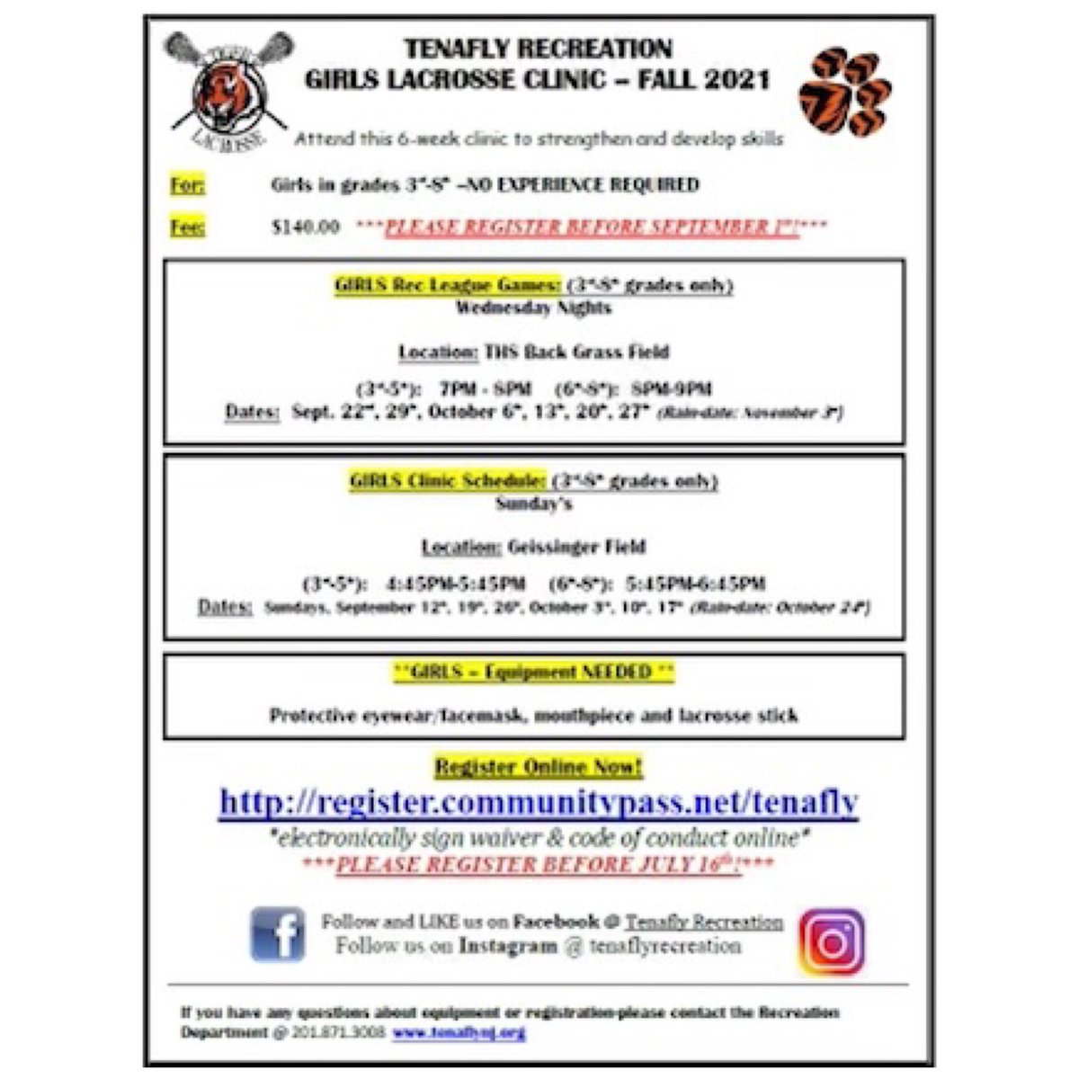 TenaflyGLax's tweet photo. Link in our bio!

The deadline to register is this Wed 9/8.  

We gotta keep the pipeline for THS Girls Lax strong!

🐾🐯🥍🧡🖤

#ItsAGreatDayToBeATiger

#TigerPride #GoTigers #WeAreTenafly #TenaflyStrong #GirlsLacrosse #NJIGLL #AmericanCentralDivision #TeamTenafly #NJLax https://t.co/fQbcYJA6eS