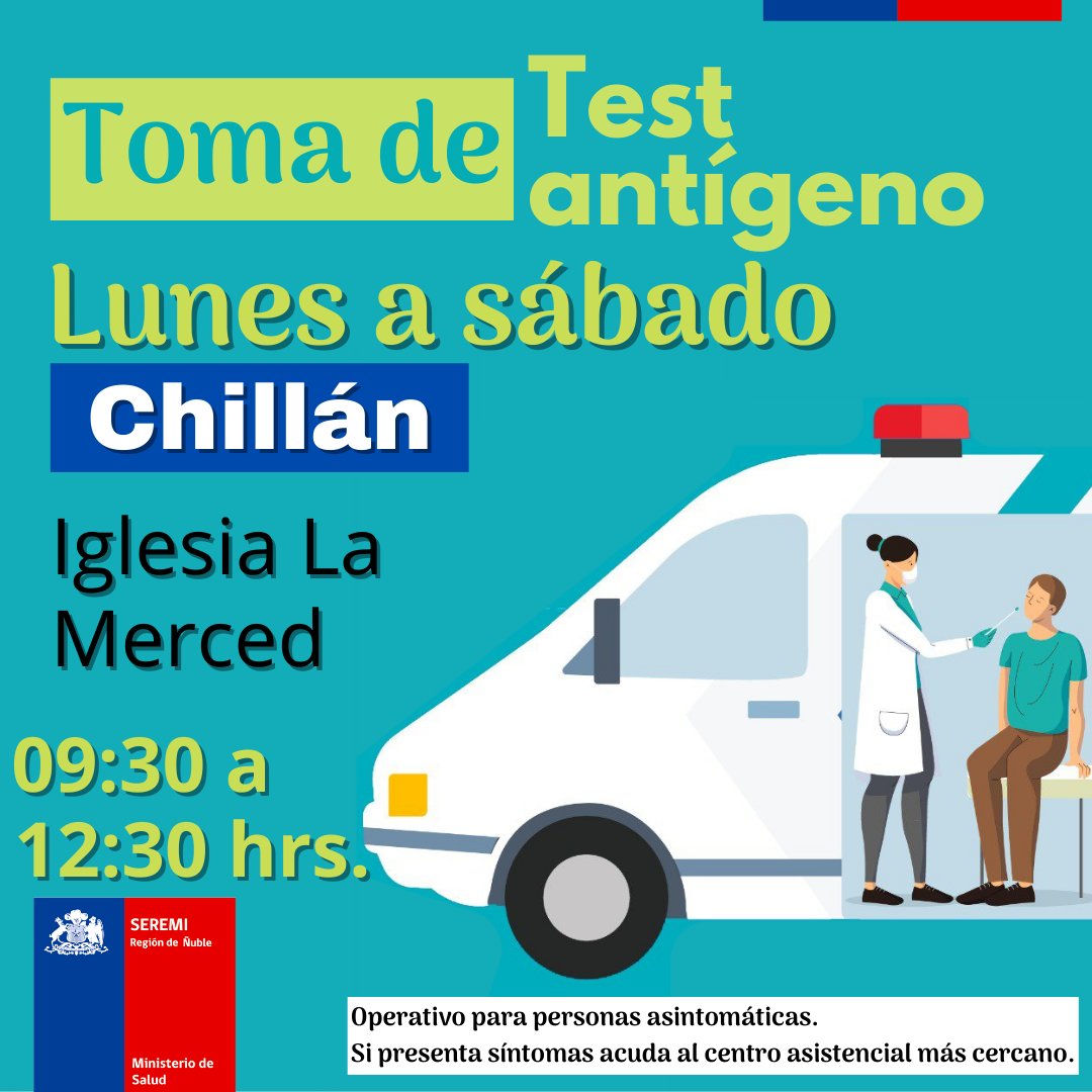 SeremiSalud16's tweet photo. 📢 ¡Hoy! Haremos Búsquedas Activas de Casos (BAC) en #SanCarlos a las 10:00 horas y en #Chillán a las 15:00 horas. También puedes tomarte el test antígeno en los puntos fijos 👇

#SigamosCuidándonos https://t.co/KbNHcYMbk0