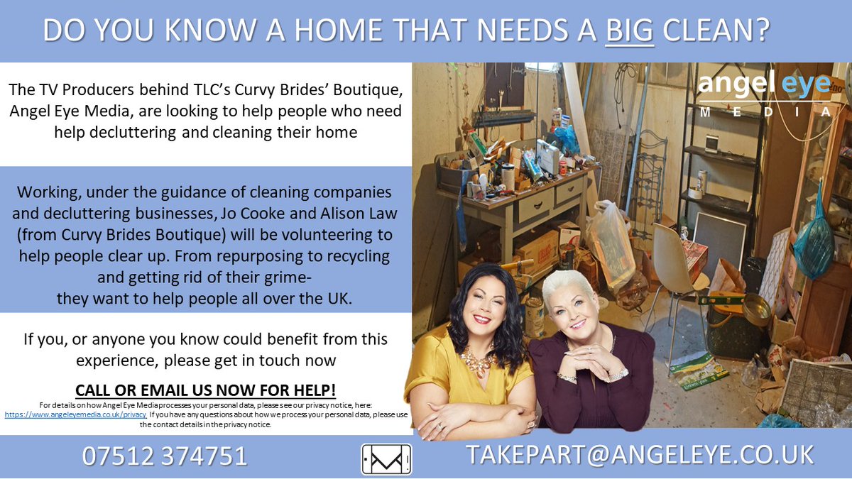 Don't delay, apply today! We are looking for people up around the UK who would like their properties, decluttered and cleaned FOR FREE. Are you genuinely in need of help and happy to tell your story on TV? The fabulous <a href="/curvybridesAl/">Alison Law</a> <a href="/curvybrides_/">Curvy Brides' Boutique</a> and I are looking now! #clean 🙌