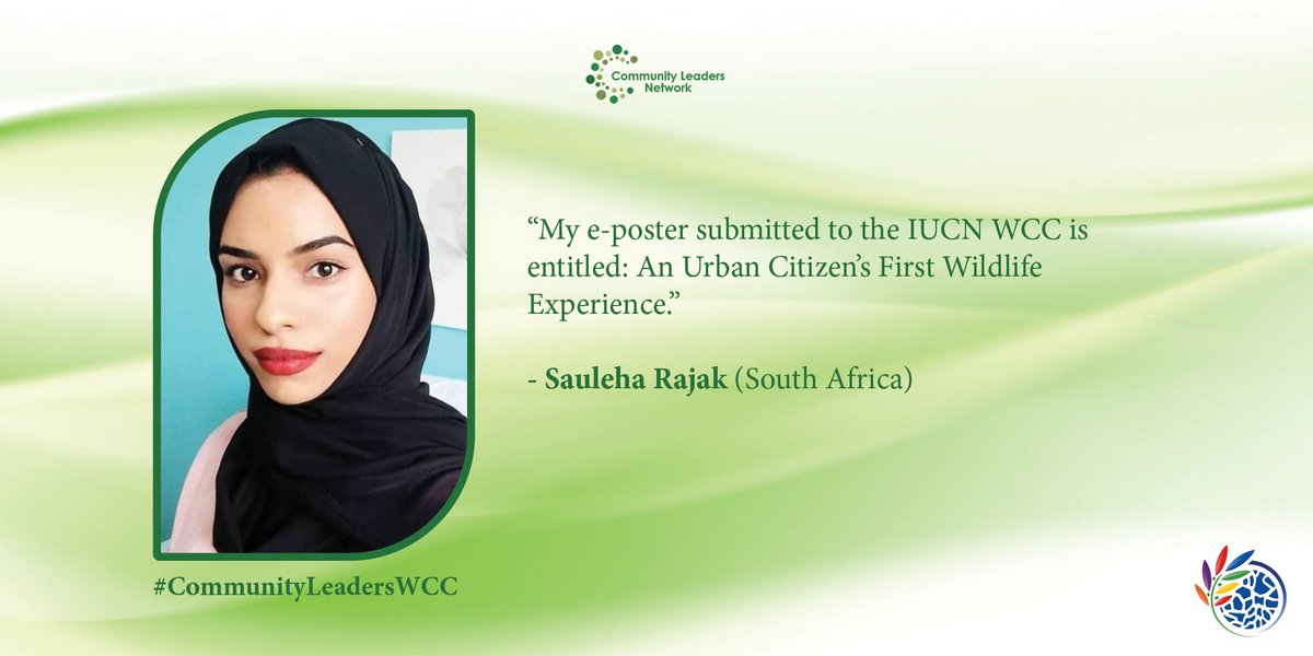 LeadersSouthern's tweet image. The second of our three youth e-presenters at the #IUCNCongress is Sauleha Rajak. She hails from the city of Durban in KwaZulu-Natal, South Africa. Although she grew up in the urban environment, she is learning everything she can about nature conservation in her studies. 1/4