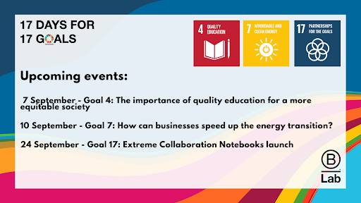 BCorp_Fr's tweet photo. Dans le cadre de notre série #17DaysFor17Goals, rejoignez-nous pour participer quelques moments d'échanges avec des membres inspirants du mouvement mondial #BCorp. 

#SDGs #SDGActionManager #Business4SDGs #Education #RenewableEnergy #Collaboration #Innovation https://t.co/H54vFexfXa