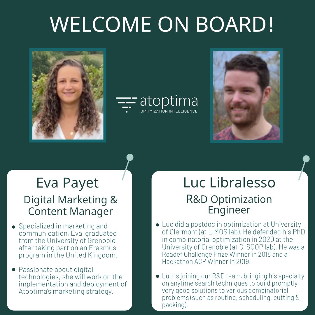 atoptima's tweet photo. 📣 The @Atoptima team is growing!
We are really happy to introduce our two new recruits @EvaPayet &amp; @LucLibralesso.

#Staytuned, new opportunities are coming very soon. 🚀
#newteam #deeptech https://t.co/Emj3Q12ntt